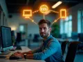 Programador sonriente, con iconos de web, móvil y PC sobre su cabeza, simbolizando el desarrollo de aplicaciones multiplataforma. Sueldo competitivo.