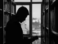 Silueta de un joven leyendo entre estanterías, buscando inspiración para sus futuras salidas de derecho.