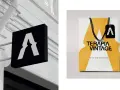 Letrero negro con logo "A" y bolsa de compras "TERAPIA VINTAGE". Salidas de diseño gráfico.