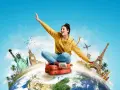 Joven en maleta, rodeada de monumentos icónicos, lista para su grado superior de turismo. ¡El mundo a sus pies!