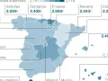 Mapa de España con salarios medios de profesores de primaria por comunidad autónoma. El sueldo medio es de 2.227€ en Andalucía.