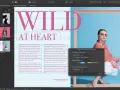 Diseño de revista en InDesign. Se muestra la interfaz con el texto "WILD AT HEART" y una foto de modelo. InDesign sirve para maquetación profesional.
