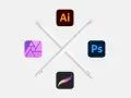 Iconos de programas de diseño gráfico como Adobe Illustrator, Photoshop, Affinity Designer y Procreate, junto a lápices digitales. ¡Explora opciones de programa diseño gráfico gratis!