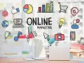 Ilustraciones de marketing digital: cómo empezar en marketing digital, con iconos de redes sociales, gráficos y un portátil.