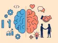 Cerebro dividido: lógica (engranajes, código) y empatía (corazón, apretón de manos). Representa que son los soft skills, esenciales para el éxito.