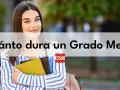 Joven sonriente con libros, preguntándose cuántas horas tiene un grado medio.