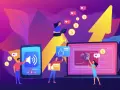 Un responsable de marketing digital interactúa con pantallas, monetizando contenido y obteniendo likes.