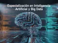 Curso de especialización en inteligencia artificial y big data online. Cerebro digital con circuitos y luces, fondo de código.