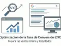 Gráficos de crecimiento y lupa con "SEO" ilustran la optimización de la tasa de conversión (CRO) para mejorar ventas.
