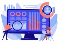 Un marketing product manager analiza gráficos y datos en una pantalla, usando una lupa para investigar tendencias.