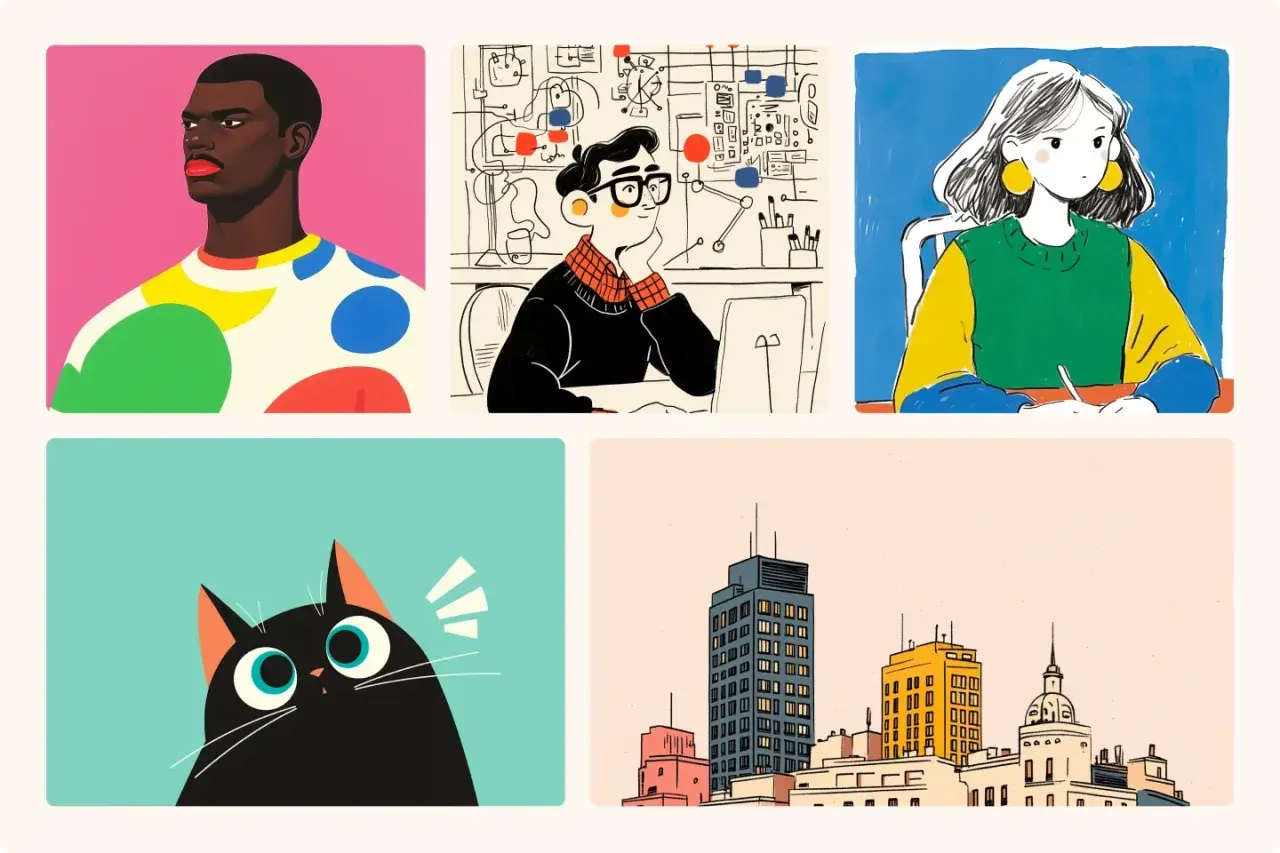 Colección de **fotos sin derechos de autor**: retrato de hombre, estudiante, mujer escribiendo, gato curioso y paisaje urbano.