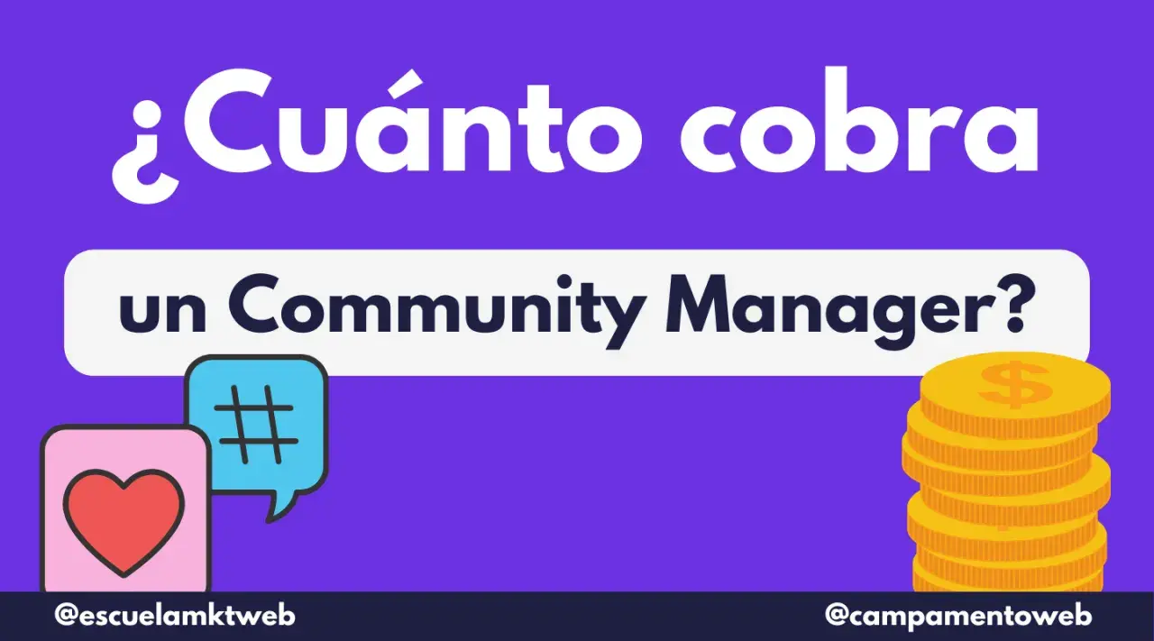 ¿Cuánto cobra un Community Manager? Iconos de corazón, hashtag y pila de monedas doradas.