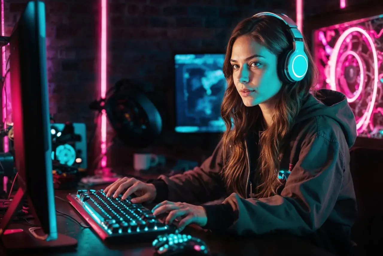 Mujer con auriculares jugando en un PC con luces de neón. Se pregunta cuanto cobra un programador de videojuegos.