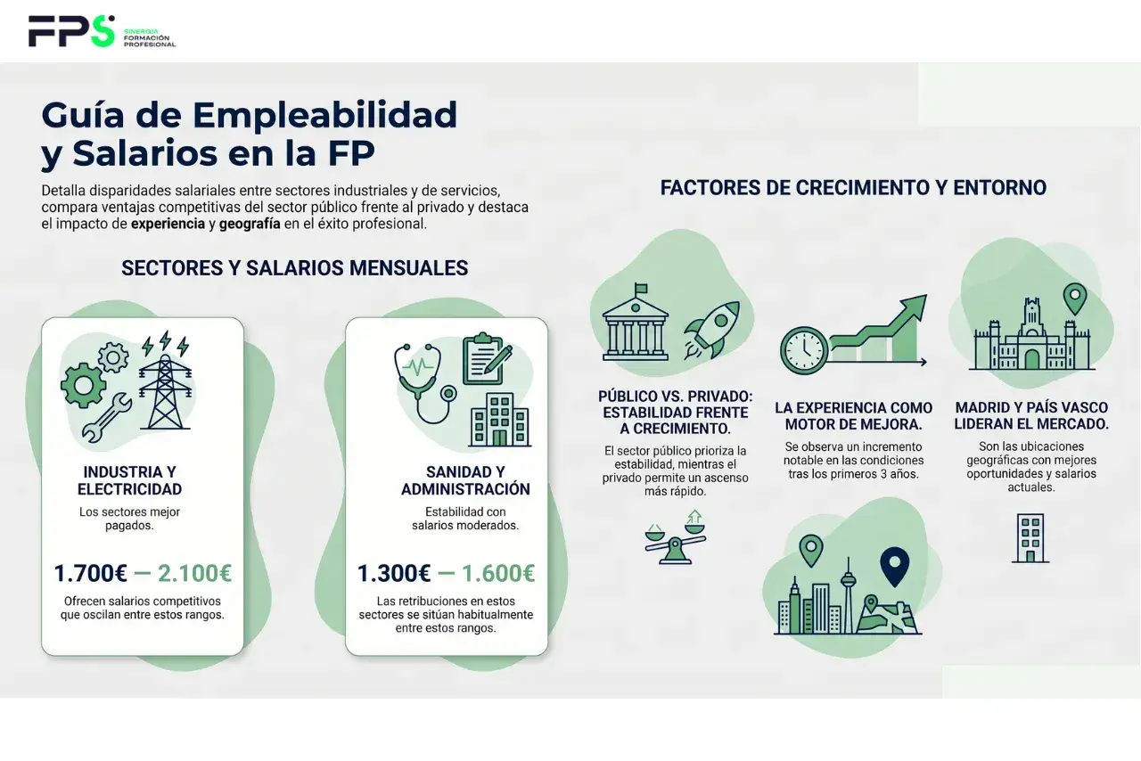 Guía de empleabilidad y salarios en la FP. Muestra salarios por sector, factores de crecimiento y entorno, destacando la industria y electricidad como mejor pagados.