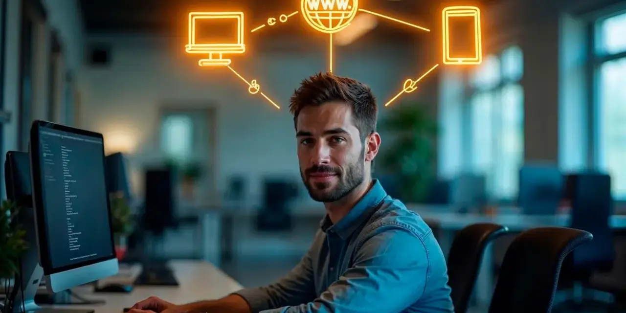 Programador sonriente, con iconos de web, móvil y PC sobre su cabeza, simbolizando el desarrollo de aplicaciones multiplataforma. Sueldo competitivo.