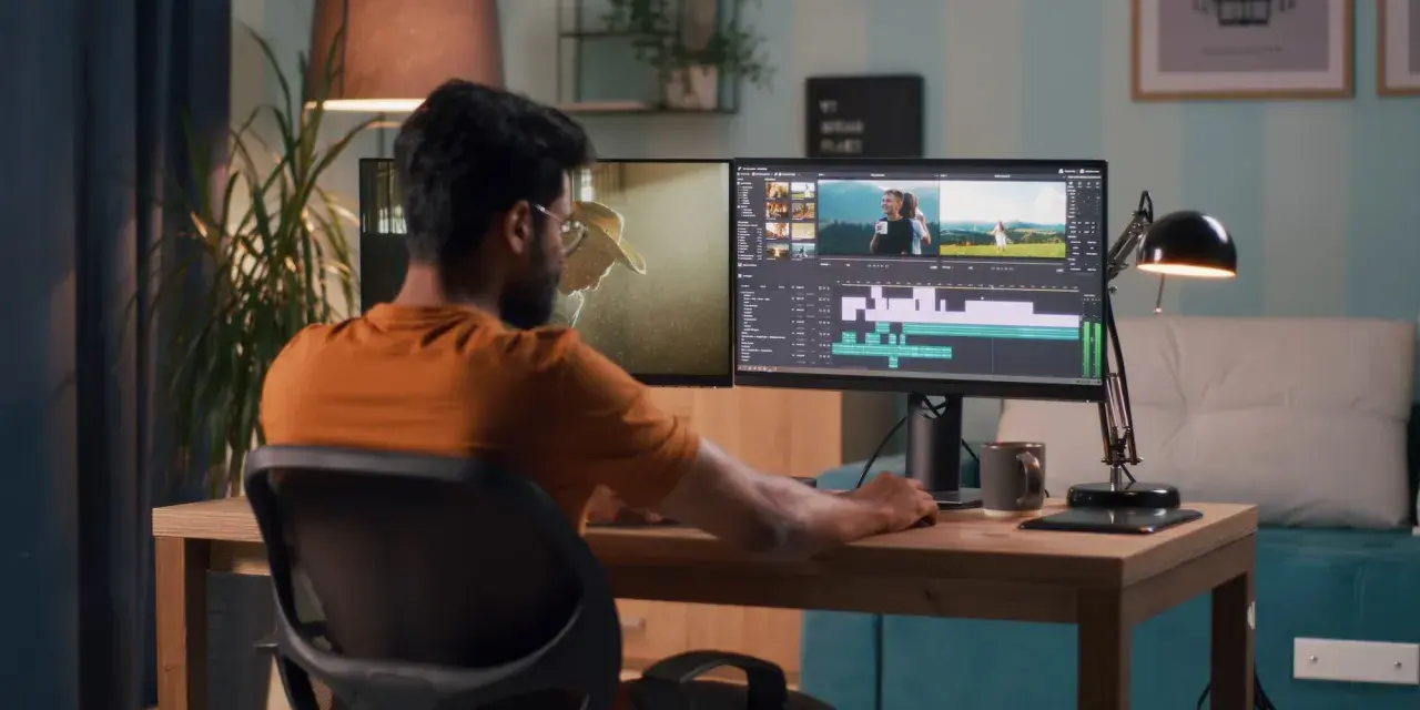 Hombre trabajando en la edición de video profesional en su estudio casero, con dos monitores mostrando la línea de tiempo y clips.