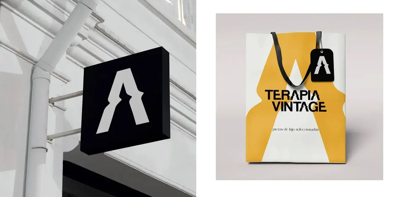 Letrero negro con logo "A" y bolsa de compras "TERAPIA VINTAGE". Salidas de diseño gráfico.