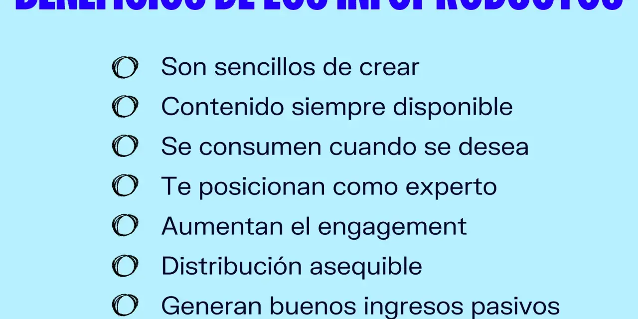 Beneficios de los infoproductos: fáciles de crear, siempre disponibles, te posicionan como experto y generan ingresos pasivos.