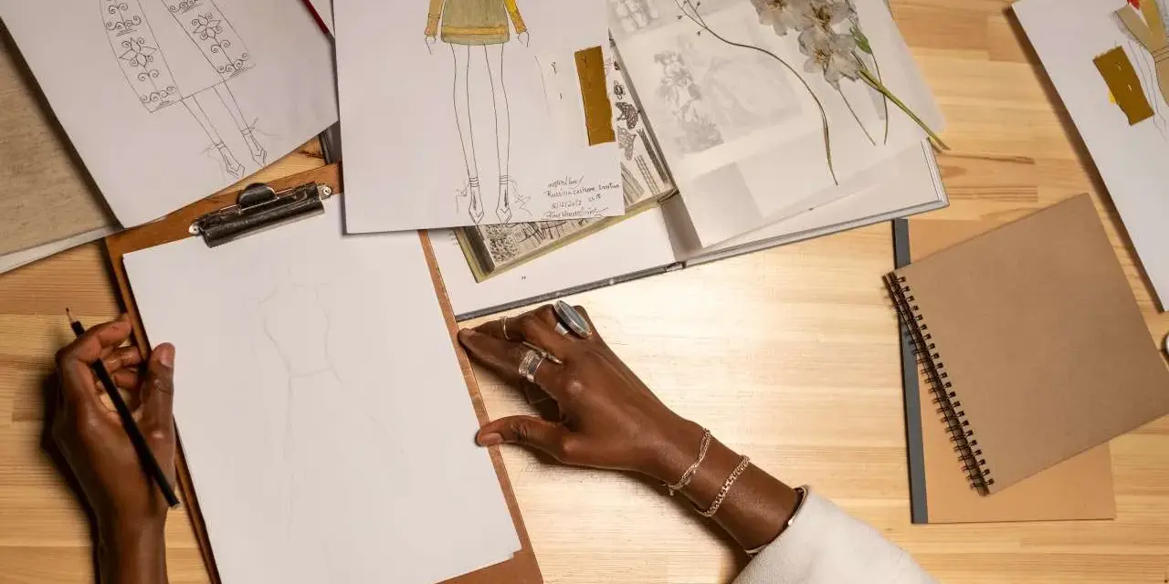 Manos dibujando bocetos de moda, inspirada para estudiar diseño de moda.