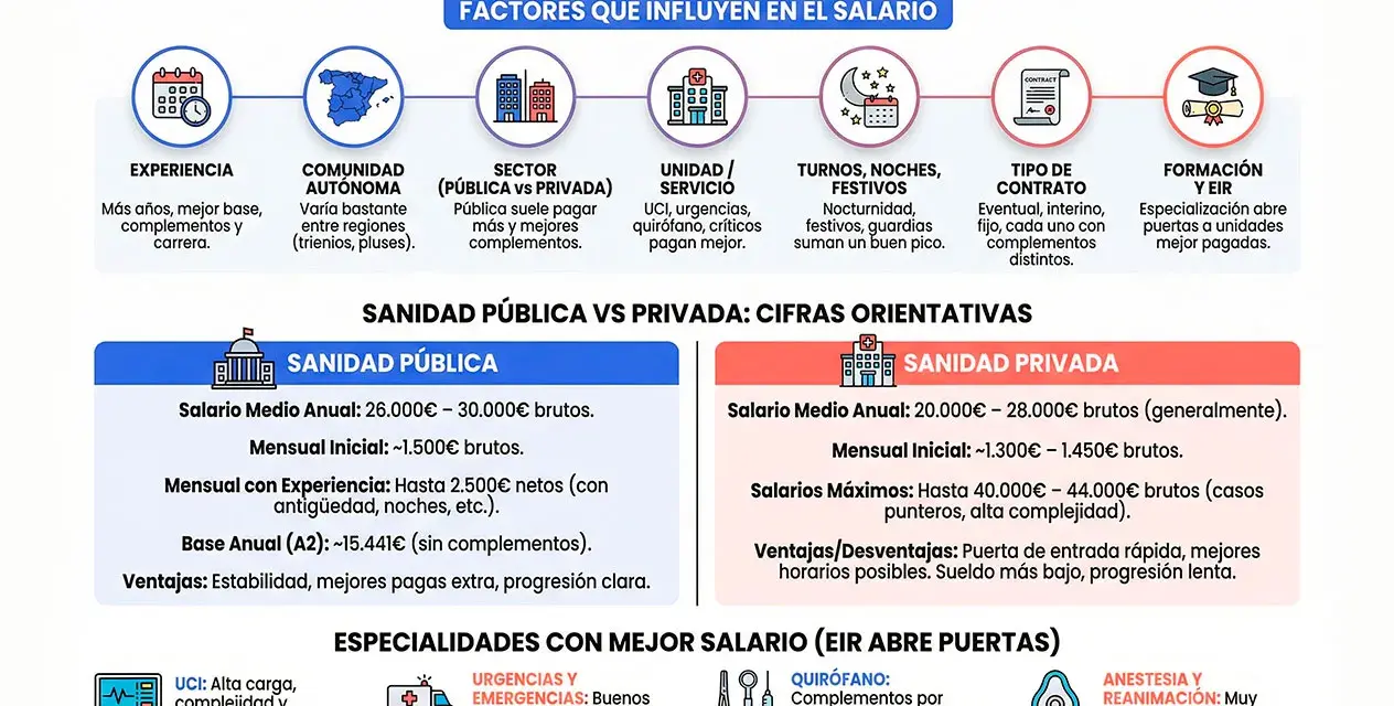 Gráfico sobre cuanto gana una enfermera en España, detallando factores como experiencia, comunidad autónoma, sector público/privado, unidad, turnos, contrato y formación.