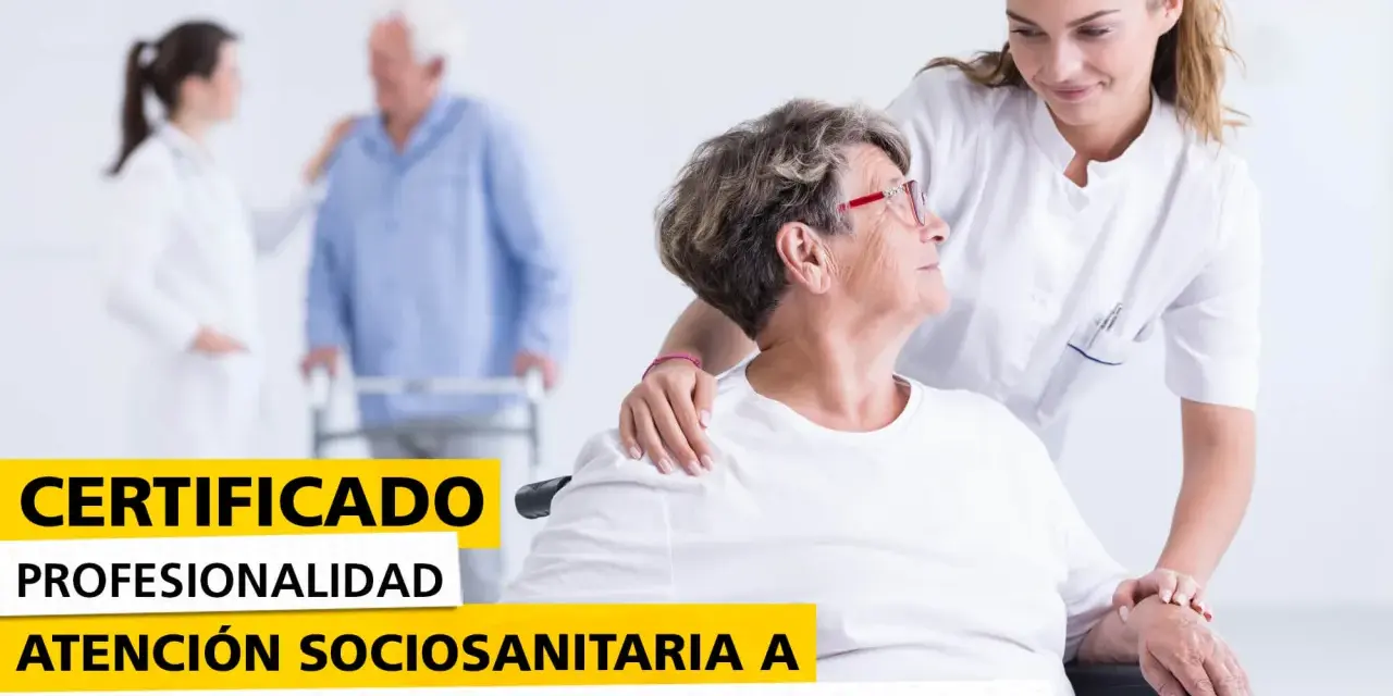 Profesionalidad en la atención sociosanitaria en instituciones. Enfermera apoya a paciente en silla de ruedas.