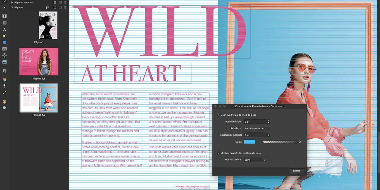 Diseño de revista en InDesign. Se muestra la interfaz con el texto "WILD AT HEART" y una foto de modelo. InDesign sirve para maquetación profesional.