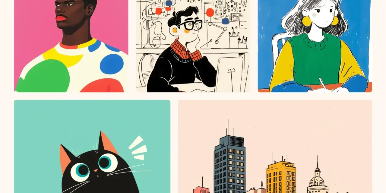 Colección de **fotos sin derechos de autor**: retrato de hombre, estudiante, mujer escribiendo, gato curioso y paisaje urbano.