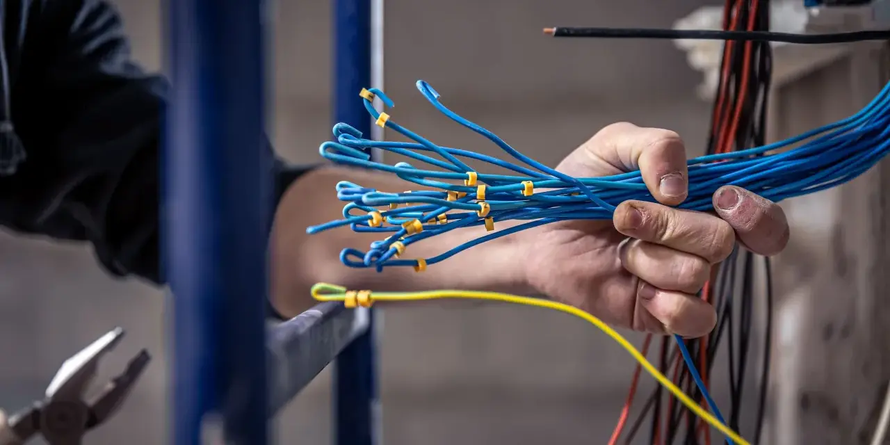 Mano sujetando un manojo de cables azules, preparándose para un trabajo de grado superior electricidad.