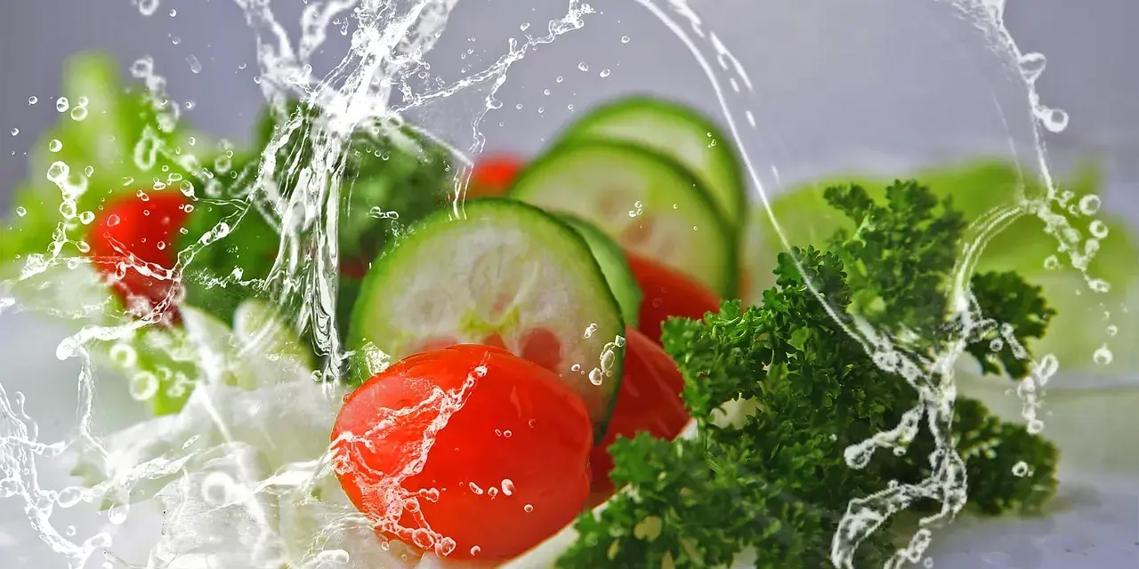 Frescos tomates, pepinos y perejil salpicados por agua. Una imagen que inspira una vida saludable y una dietética a distancia.