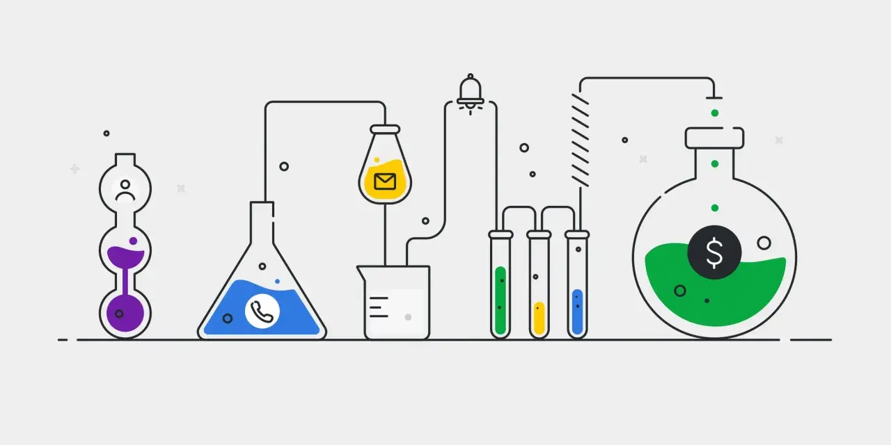 Experimento de laboratorio para la dirección comercial: un teléfono, un sobre y un símbolo de dólar fluyen a través de tubos de ensayo hacia un matraz con dinero.