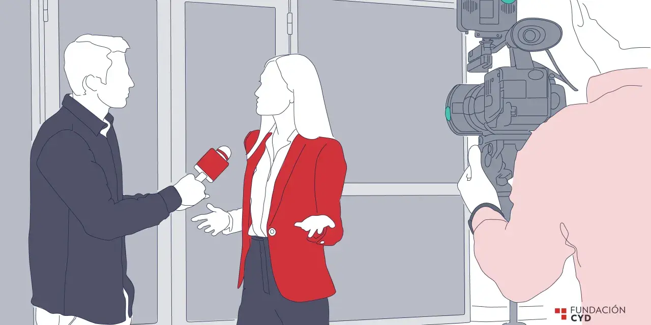 Periodista entrevista a una mujer frente a una cámara. Un paso clave en la comunicación social carrera.