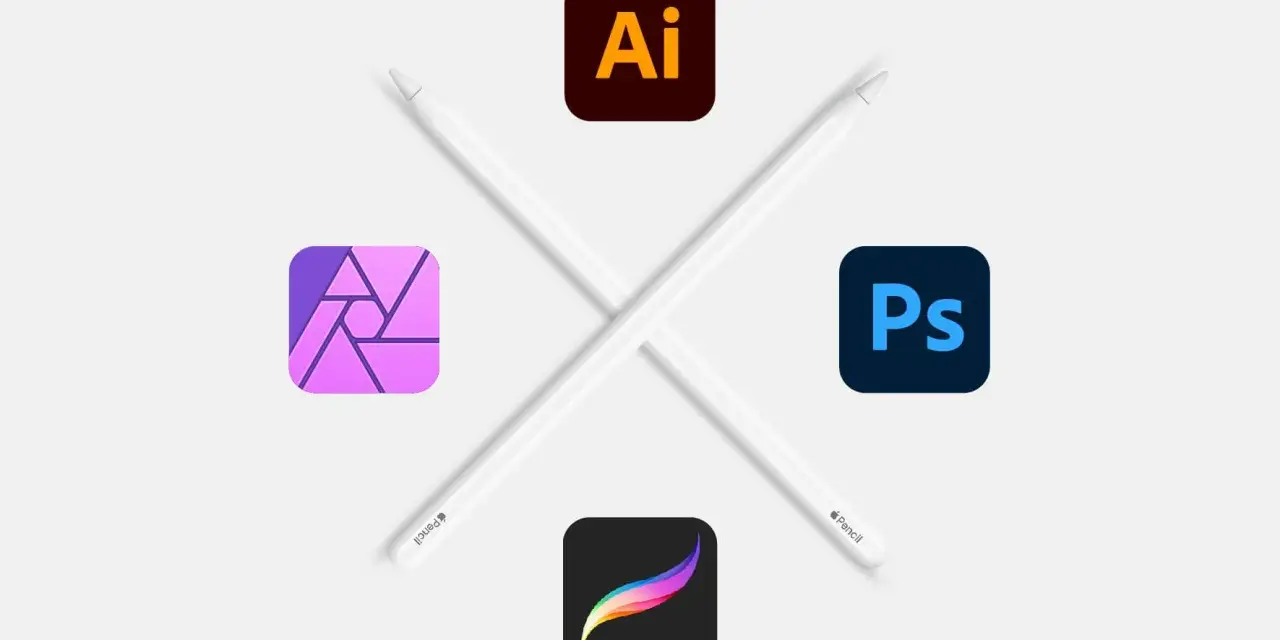 Iconos de programas de diseño gráfico como Adobe Illustrator, Photoshop, Affinity Designer y Procreate, junto a lápices digitales. ¡Explora opciones de programa diseño gráfico gratis!