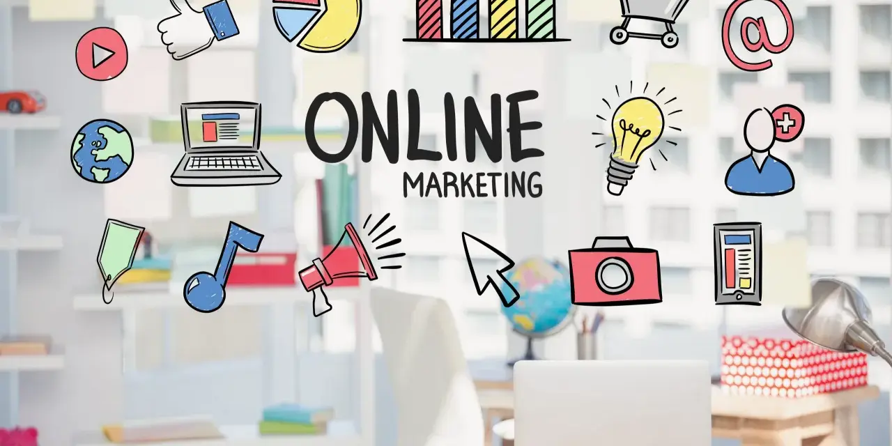 Ilustraciones de marketing digital: cómo empezar en marketing digital, con iconos de redes sociales, gráficos y un portátil.