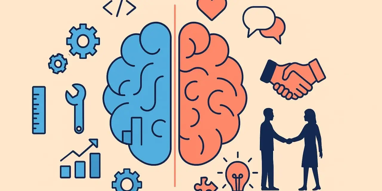 Cerebro dividido: lógica (engranajes, código) y empatía (corazón, apretón de manos). Representa que son los soft skills, esenciales para el éxito.