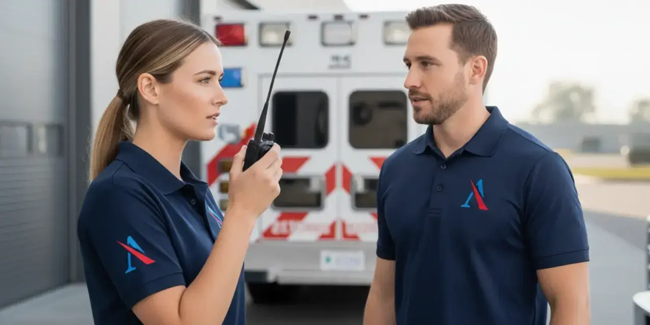 Técnico emergencias sanitarias, mujer con walkie-talkie y hombre con uniforme, frente a una ambulancia.