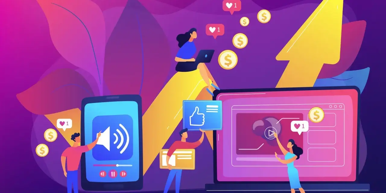 Un responsable de marketing digital interactúa con pantallas, monetizando contenido y obteniendo likes.