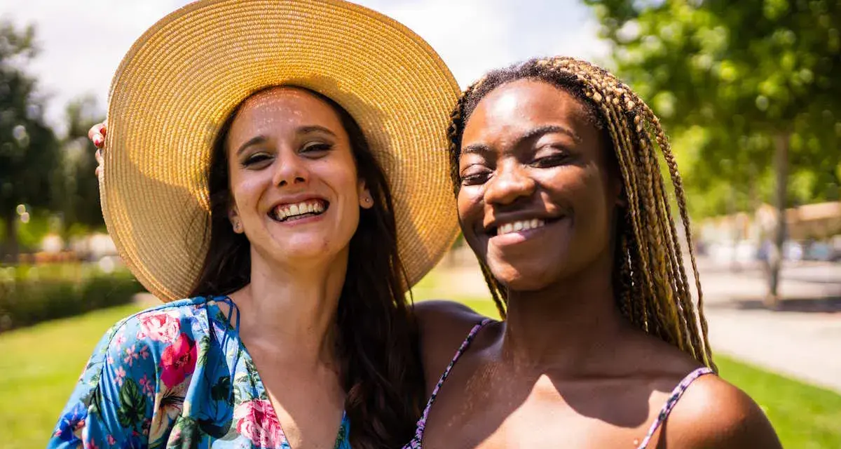 Dos amigas sonriendo bajo el sol, una con sombrero y vestido floral, la otra con trenzas. Una imagen personal de alegría compartida.
