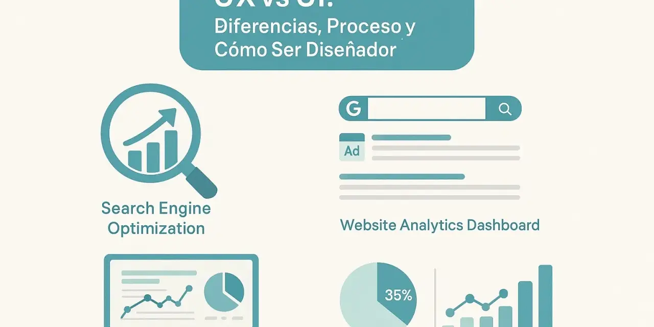 Ilustración sobre UX vs UI, mostrando optimización de motores de búsqueda, análisis web y métricas SEO.