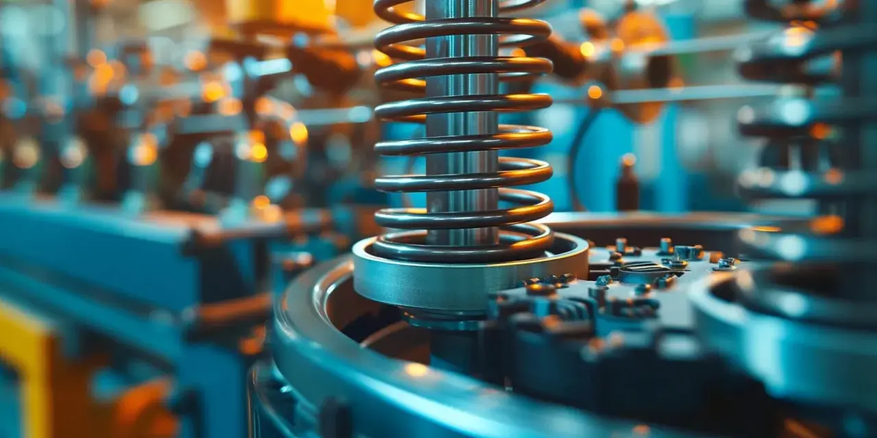 Detalle de maquinaria industrial con resorte. El diseño y la precisión son clave para saber cuanto cobra un ingeniero mecánico.
