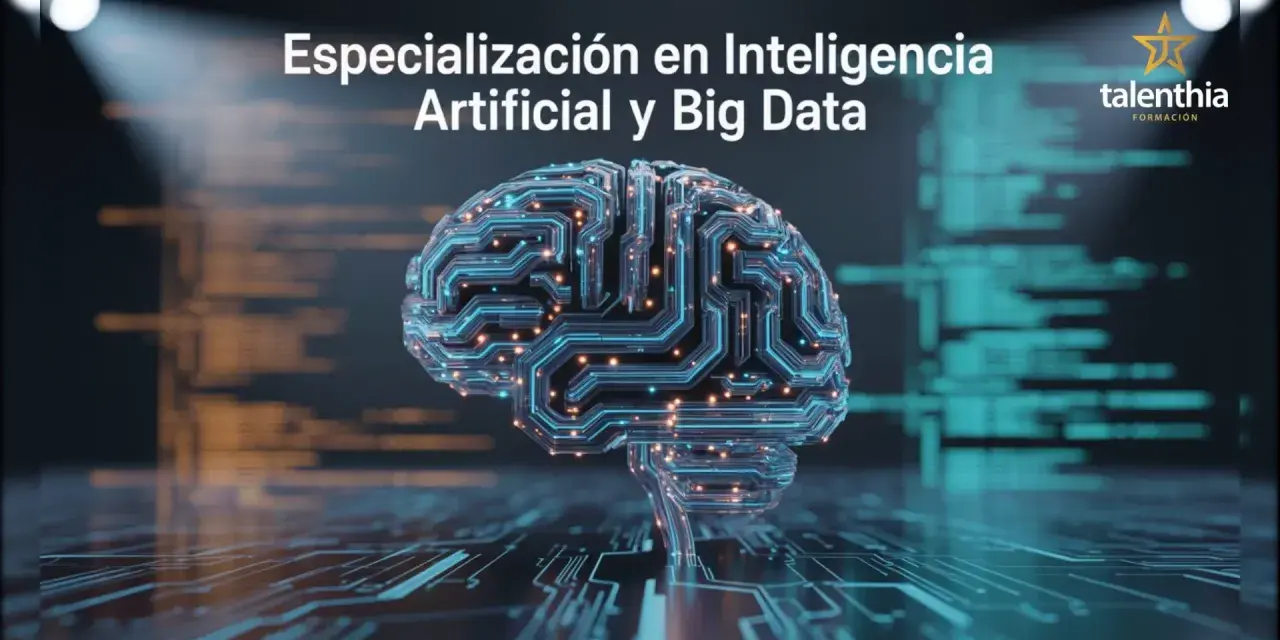 Curso de especialización en inteligencia artificial y big data online. Cerebro digital con circuitos y luces, fondo de código.