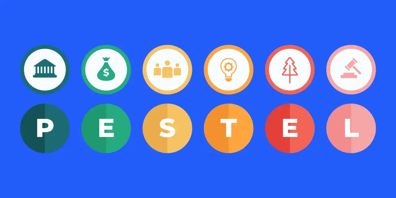 Ilustración PESTEL: banco, bolsa de dinero, personas, bombilla, árbol, martillo. Explica que es el macroentorno.