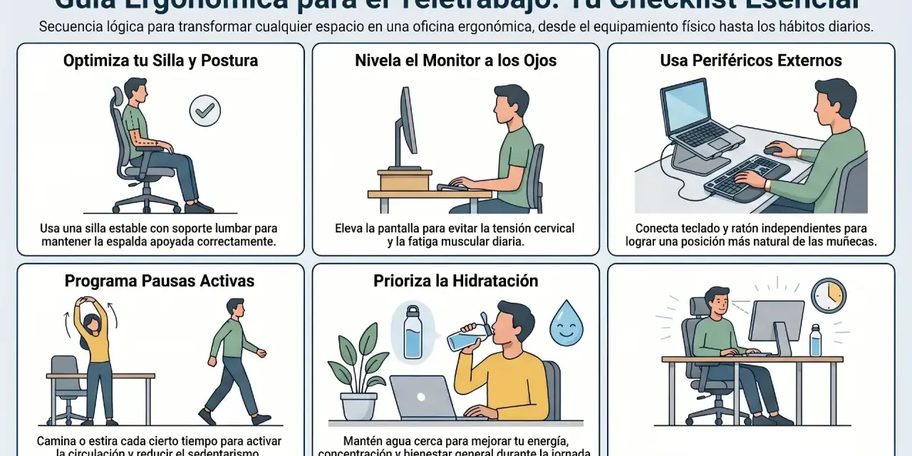 Guía ergonómica para teletrabajar: optimiza silla, monitor, periféricos, pausas y hidratación para un espacio de trabajo saludable.