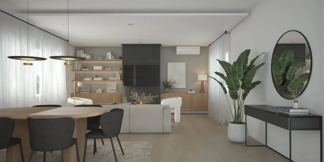 Un elegante salón moderno con mesa de comedor, sofás, estanterías y una consola. El diseño de espacios interiores crea un ambiente acogedor y sofisticado.