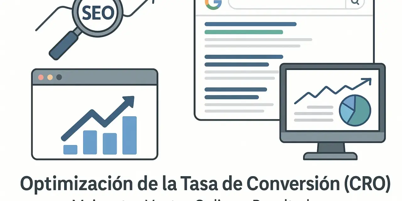 Gráficos de crecimiento y lupa con "SEO" ilustran la optimización de la tasa de conversión (CRO) para mejorar ventas.