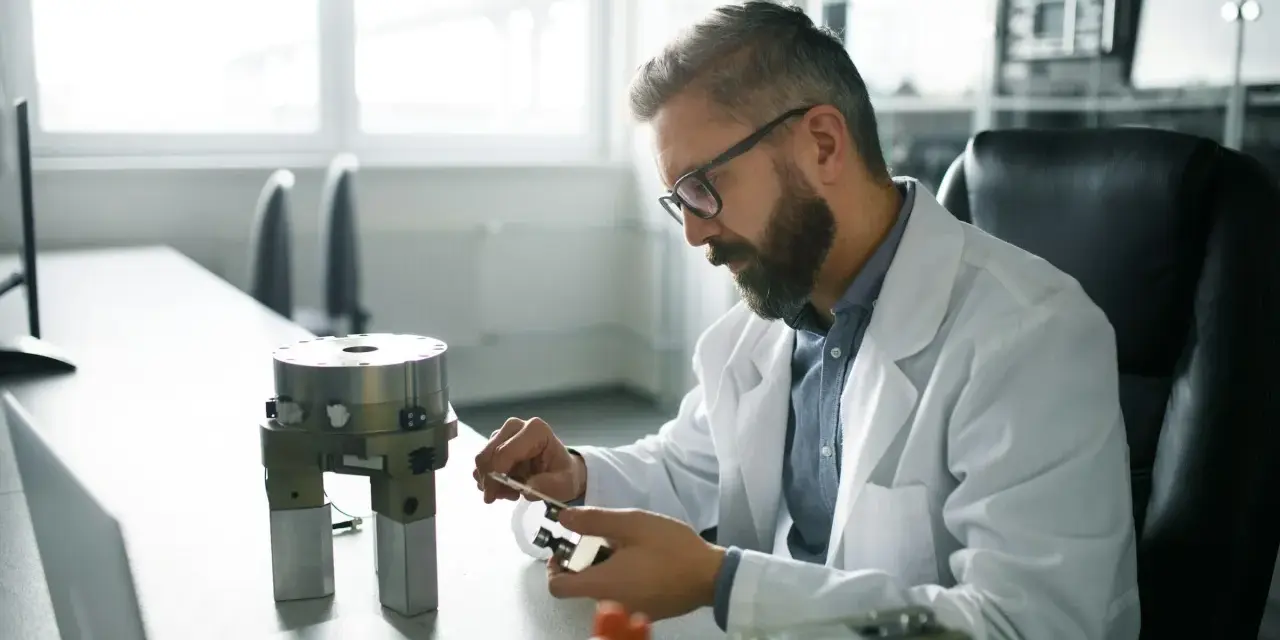Ingeniero biomédico trabajando en un laboratorio, investigando cuánto cobra un ingeniero biomédico.