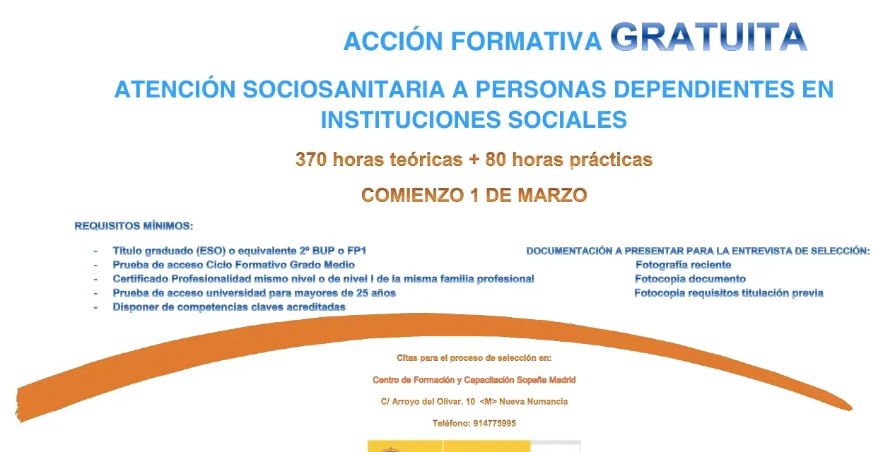 Acción formativa gratuita: atención sociosanitaria en instituciones sociales. Requisitos, documentación y citas para el curso que comienza el 1 de marzo.
