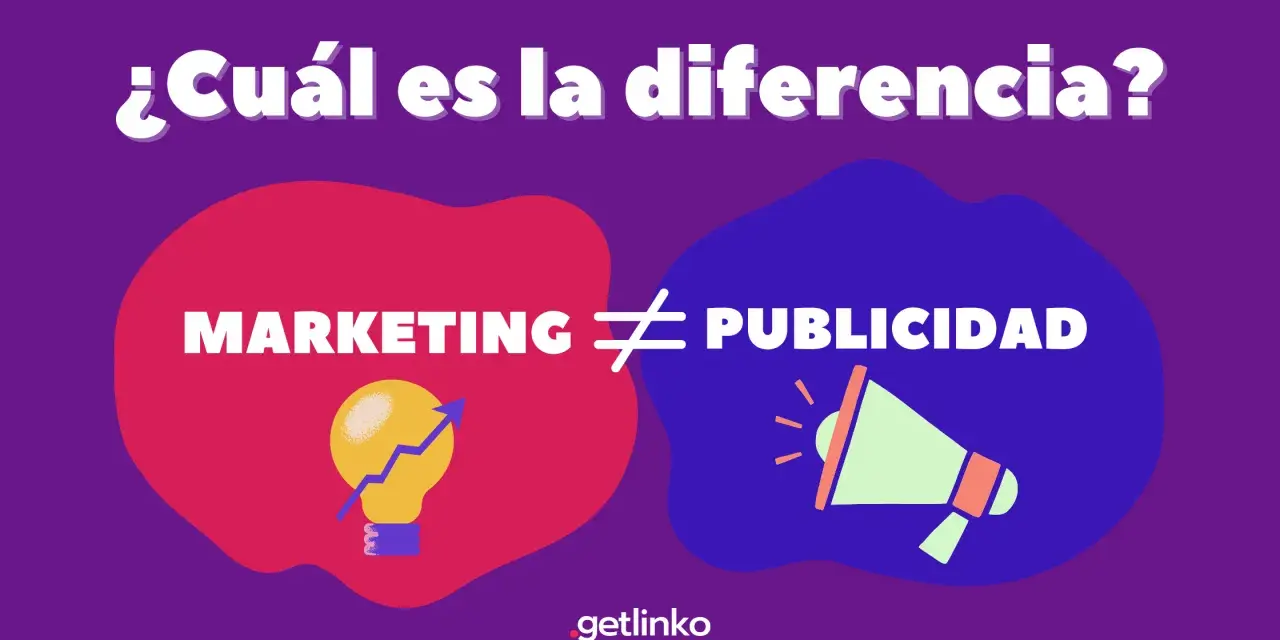 ¿Cuál es la diferencia? Marketing (bombilla con flecha ascendente) ≠ Publicidad (megáfono). Una guía visual para entender el marketing y la publicidad.