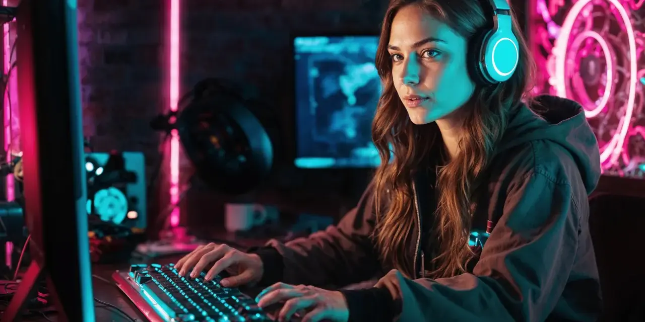 Mujer con auriculares jugando en un PC con luces de neón. Se pregunta cuanto cobra un programador de videojuegos.