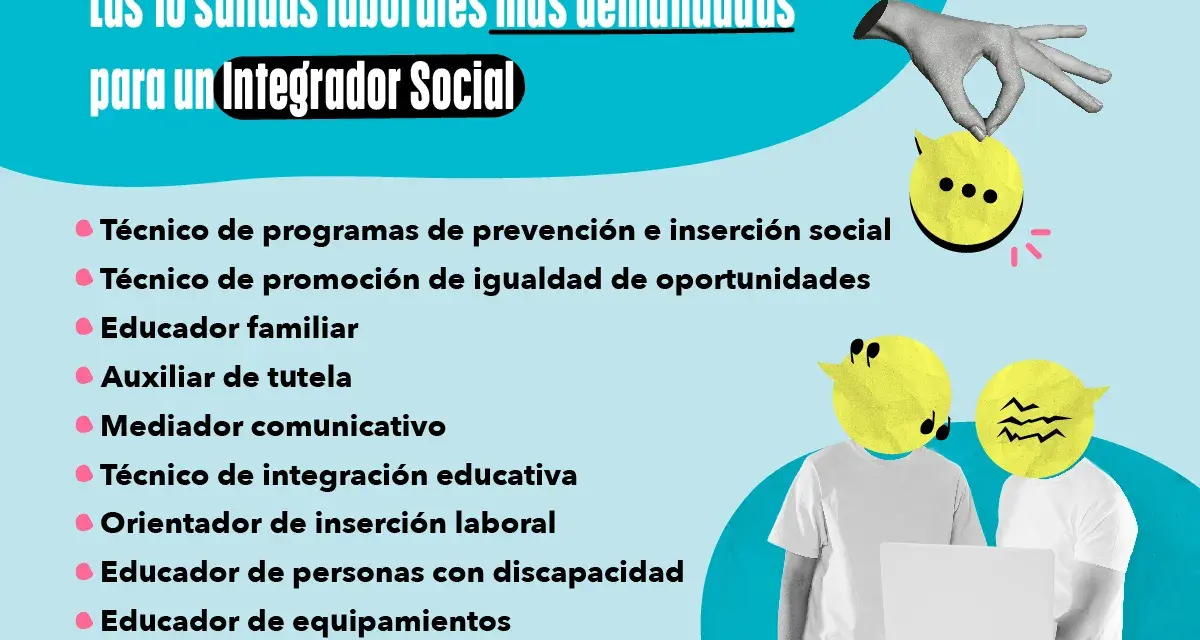 Las 10 salidas laborales para un Integrador Social, clave para la **integración social**. Incluye roles como técnico de inserción y educador.