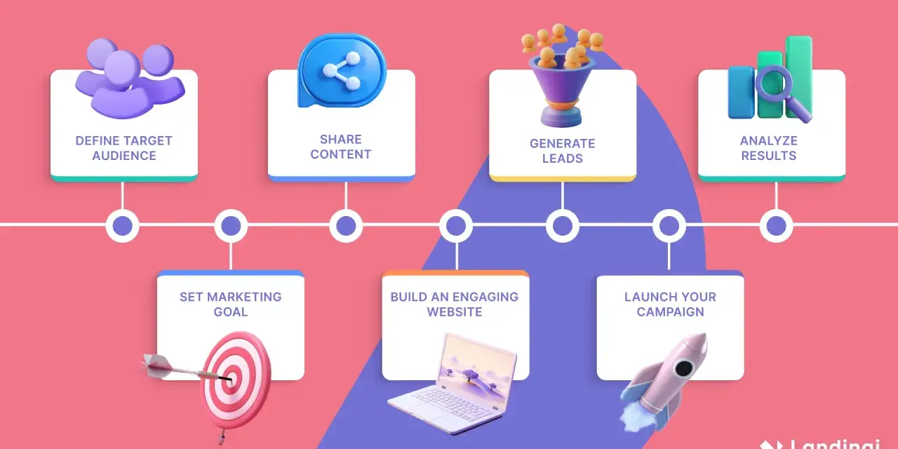 Diagrama visual que explica qué es un plan de marketing: define audiencia, meta, contenido, leads, web, campaña y análisis de resultados.